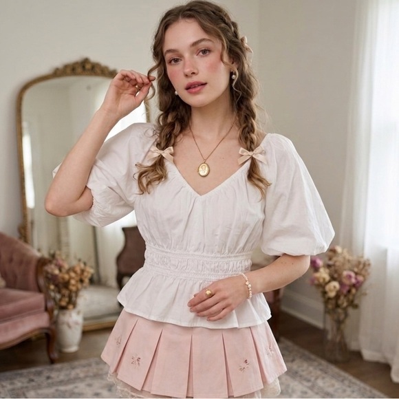 LOFT Tops - LOFT‎ White Puff Sleeve Smocked Peplum Top - Boho Coquette Cottagecore -Small